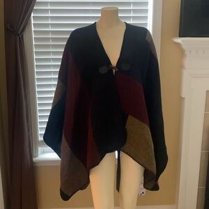 NWT Nordstrom women's one size fits most warm Poncho Wrap Tan Navy Red